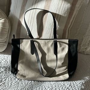 Fossil Black and Off-white Genuine, Leather Tote